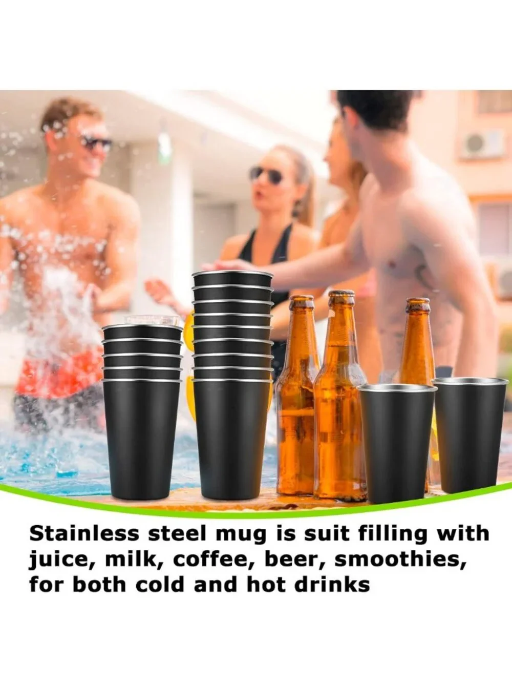 20 Pack 16oz Stainless Steel Metal Cups - Durable, Reusable, Black Drinkware